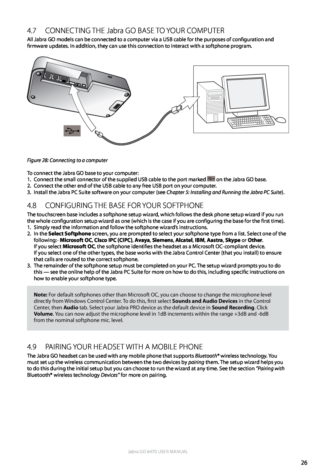 Jabra GO 6470 user manual 4.7Connecting the Jabra GO Base to Your Computer, 4.8Configuring the base for your softphone 