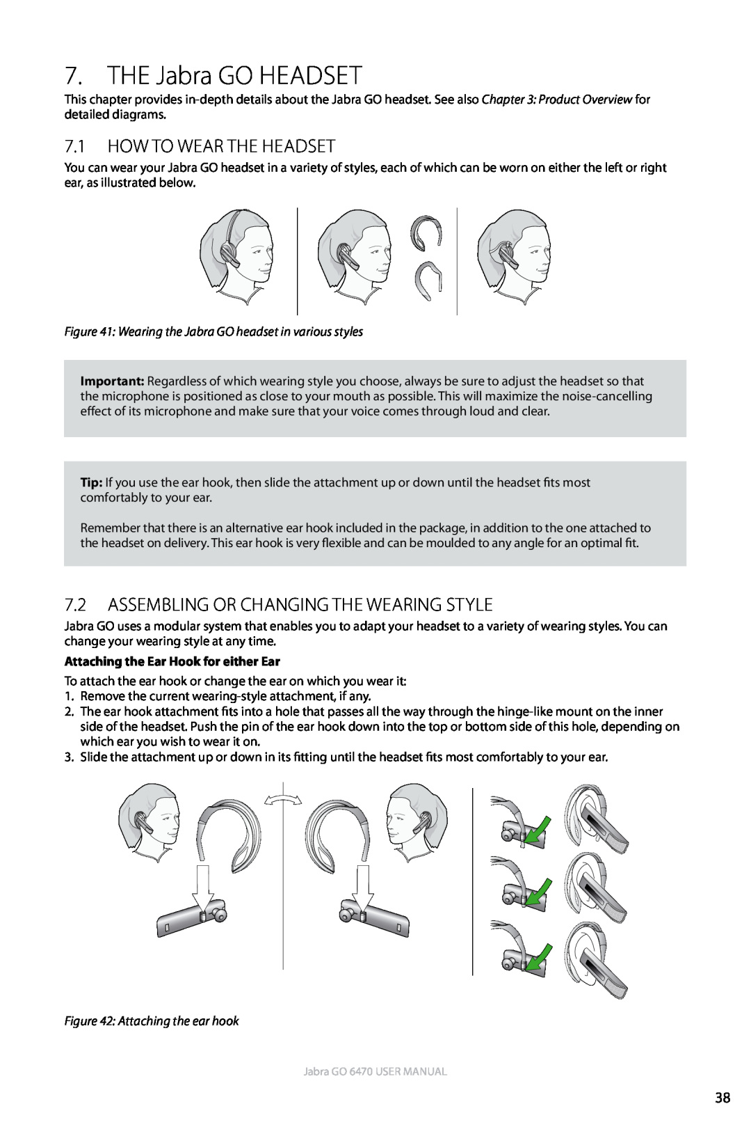 Jabra GO 6470 user manual The Jabra GO Headset, 7.1How to Wear the Headset, 7.2Assembling or Changing the Wearing Style 