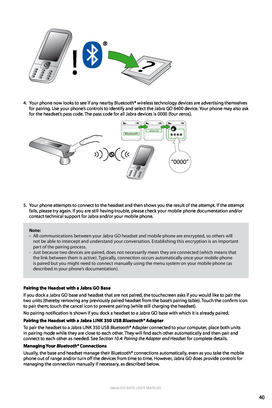 Jabra GO 6470 user manual Pairing the Headset with a Jabra GO Base, Managing Your Bluetooth Connections 