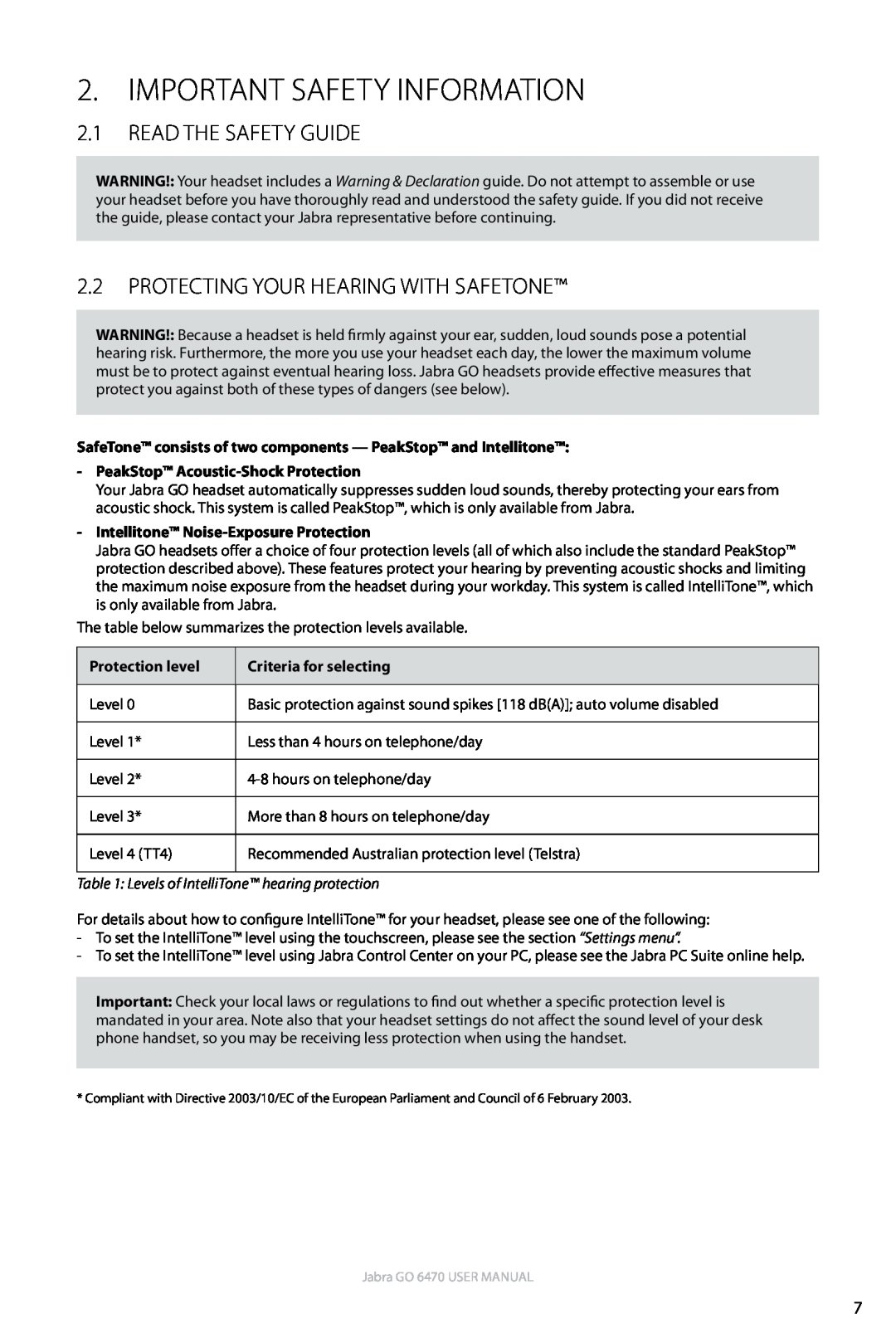 Jabra GO 6470 user manual Important Safety Information, 2.1Read the Safety guide, 2.2Protecting your Hearing with SafeTone 