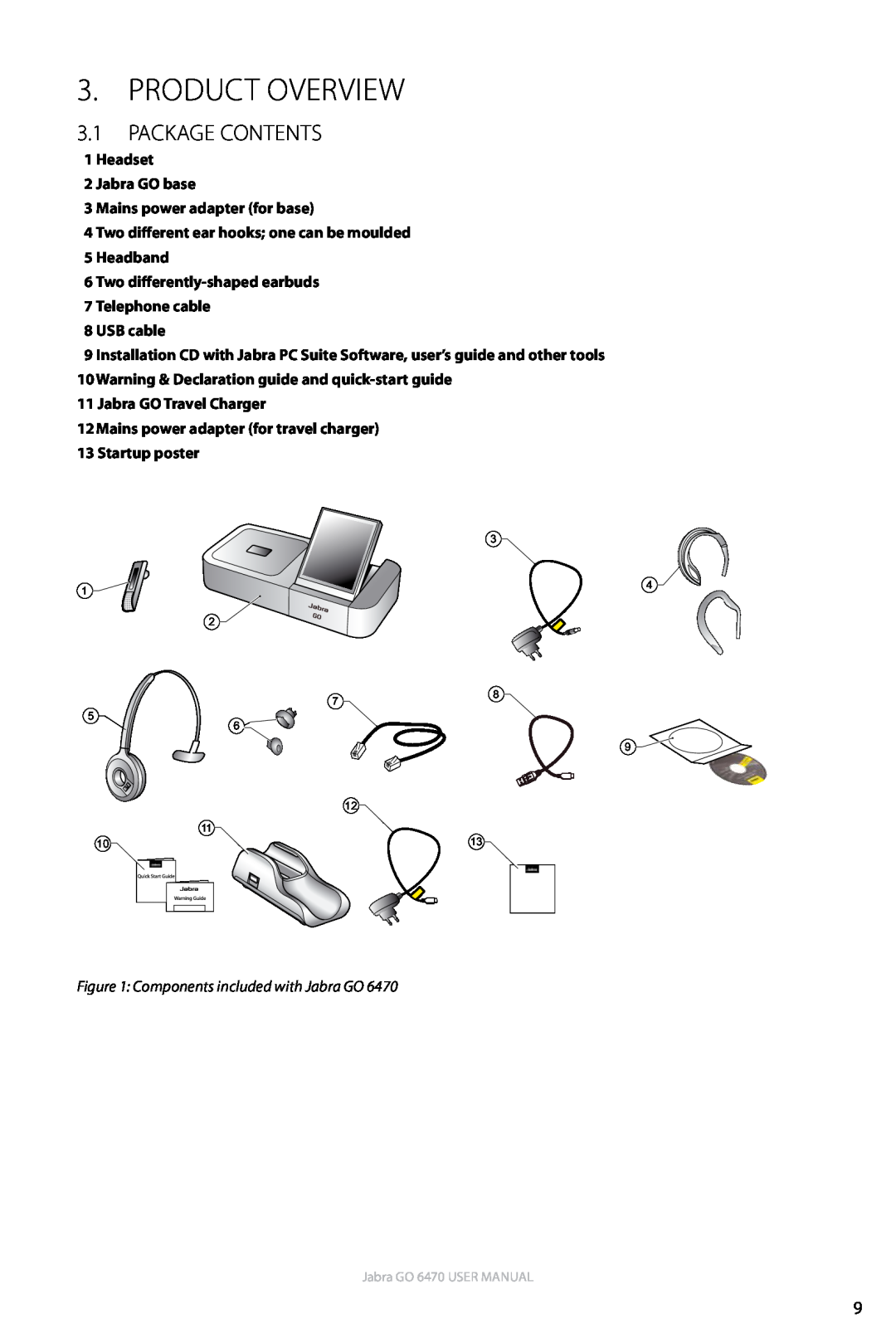Jabra GO 6470 user manual Product Overview, 3.1Package Contents, 1Headset 2Jabra GO base, 3Mains power adapter for base 