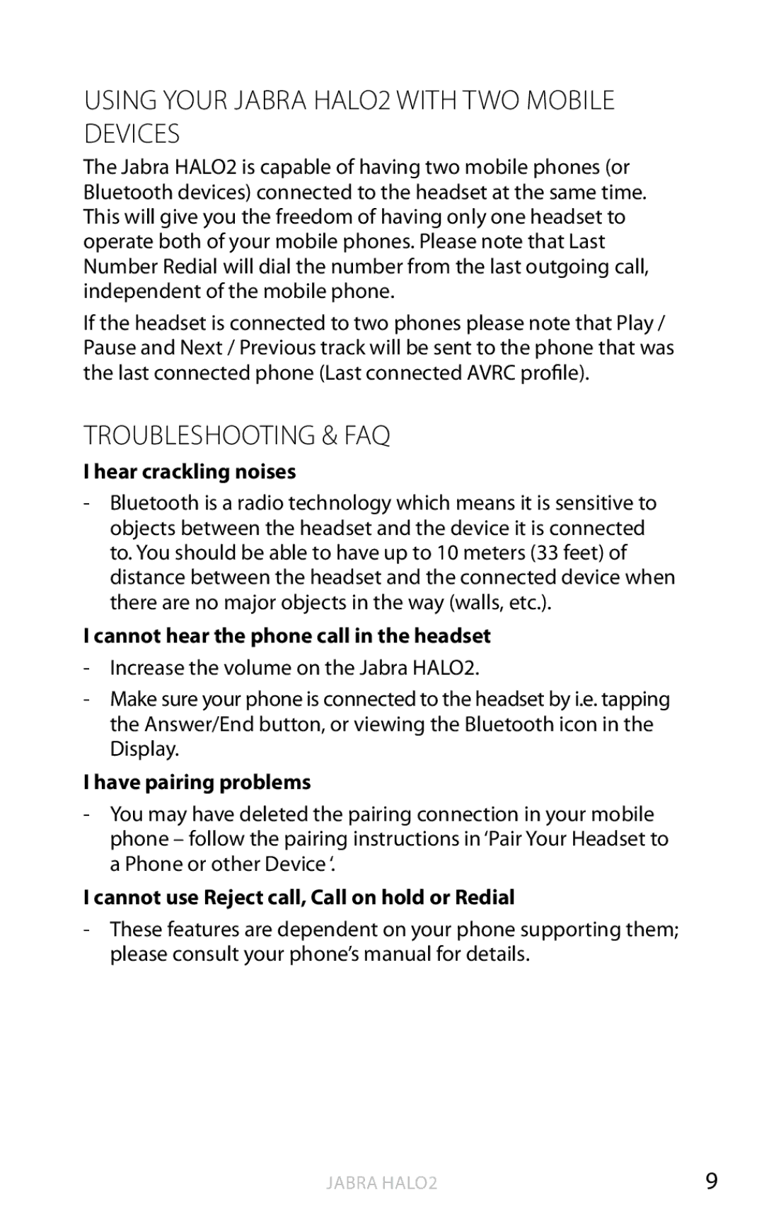 Jabra user manual Using your Jabra HALO2 with two mobile Devices, Troubleshooting & FAQ 