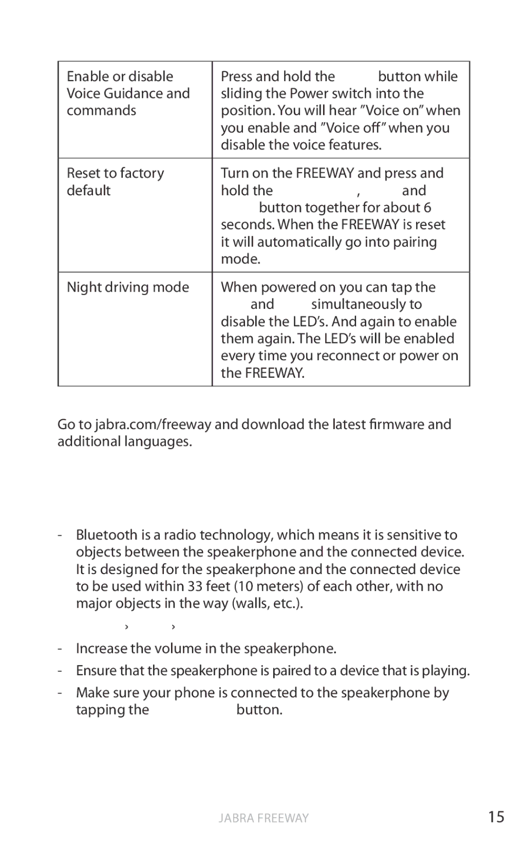 Jabra HFS100 Troubleshooting & FAQ, Hold the Answer/end, Voice, Download Firmware updates and additional languages 