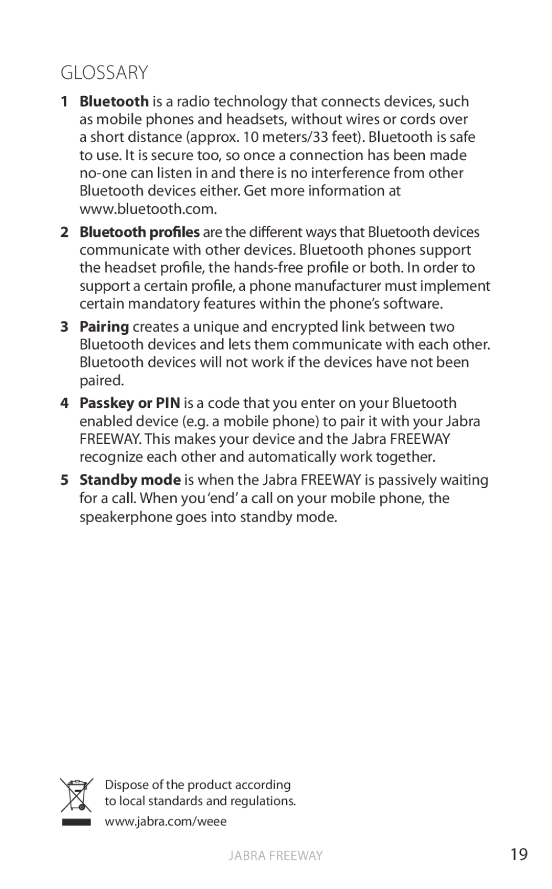 Jabra HFS100 user manual Glossary 