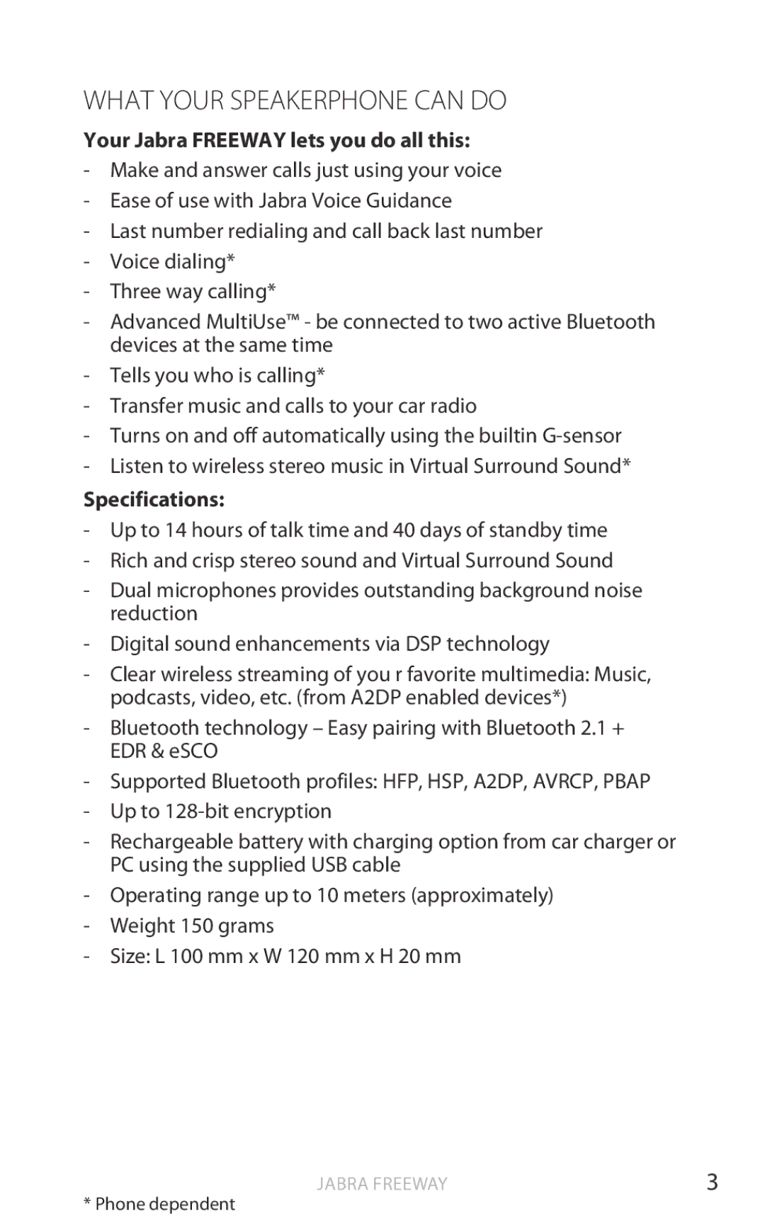 Jabra HFS100 user manual What Your Speakerphone can do, Your Jabra Freeway lets you do all this, Specifications 