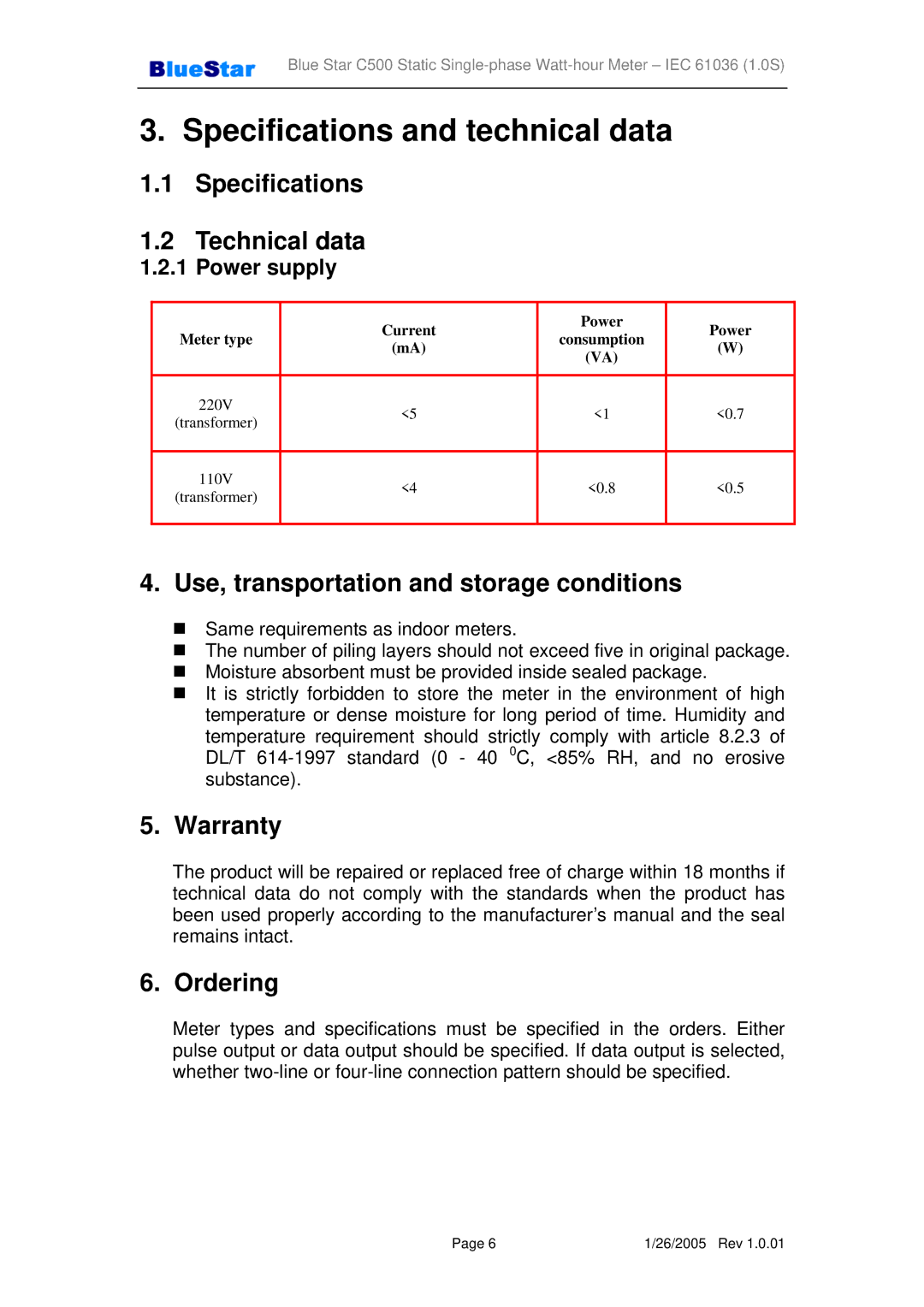 Jabra IEC 61036, IEC 1107 Specifications Technical data, Use, transportation and storage conditions, Warranty, Ordering 