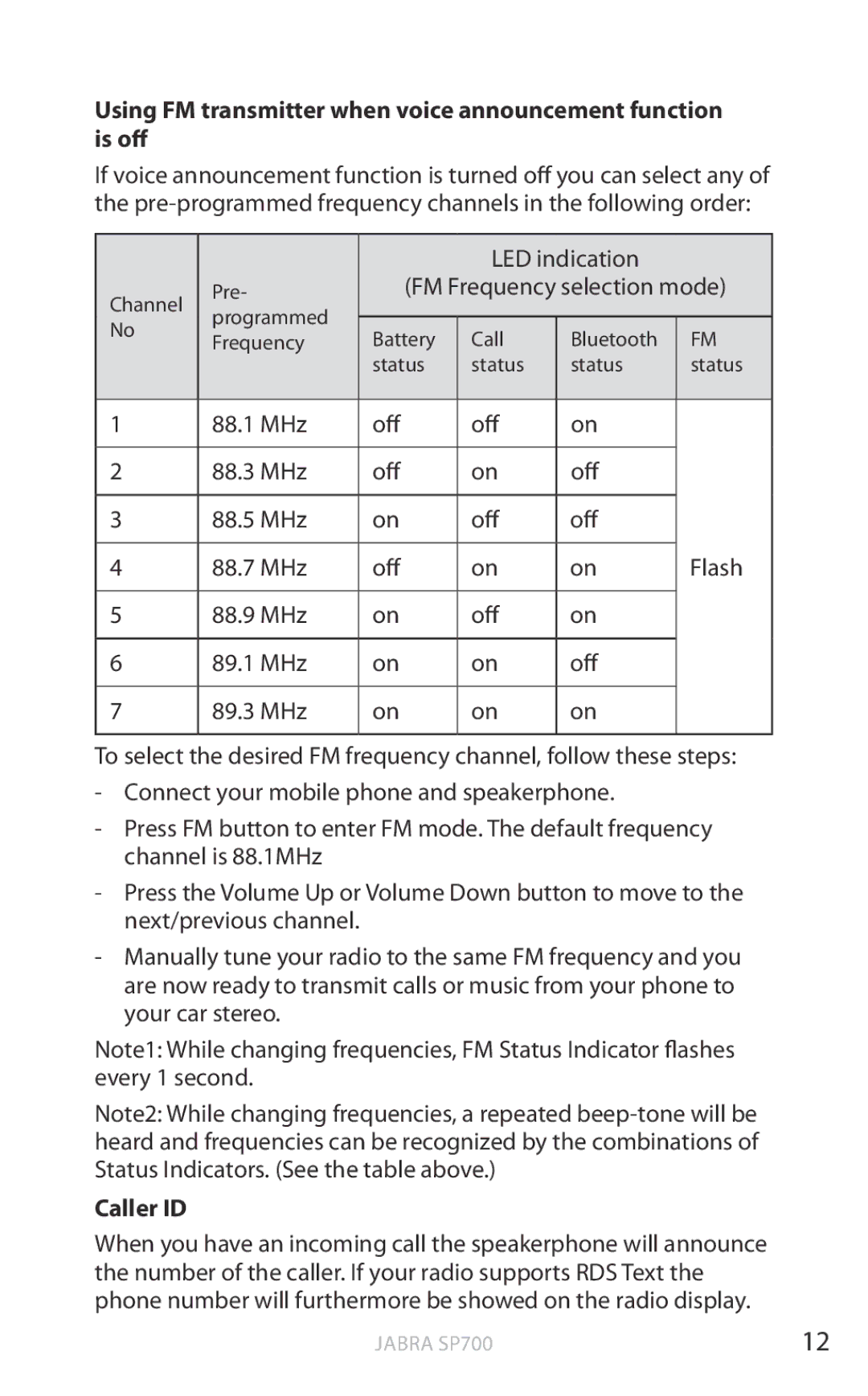 Jabra Jabra SP700 user manual Using FM transmitter when voice announcement function is off, Caller ID 