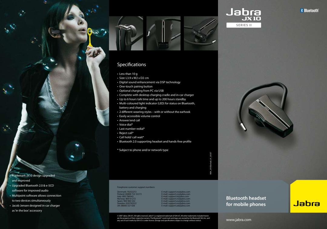 Jabra JX10 manual Specifications, Bluetooth headset for mobile phones 