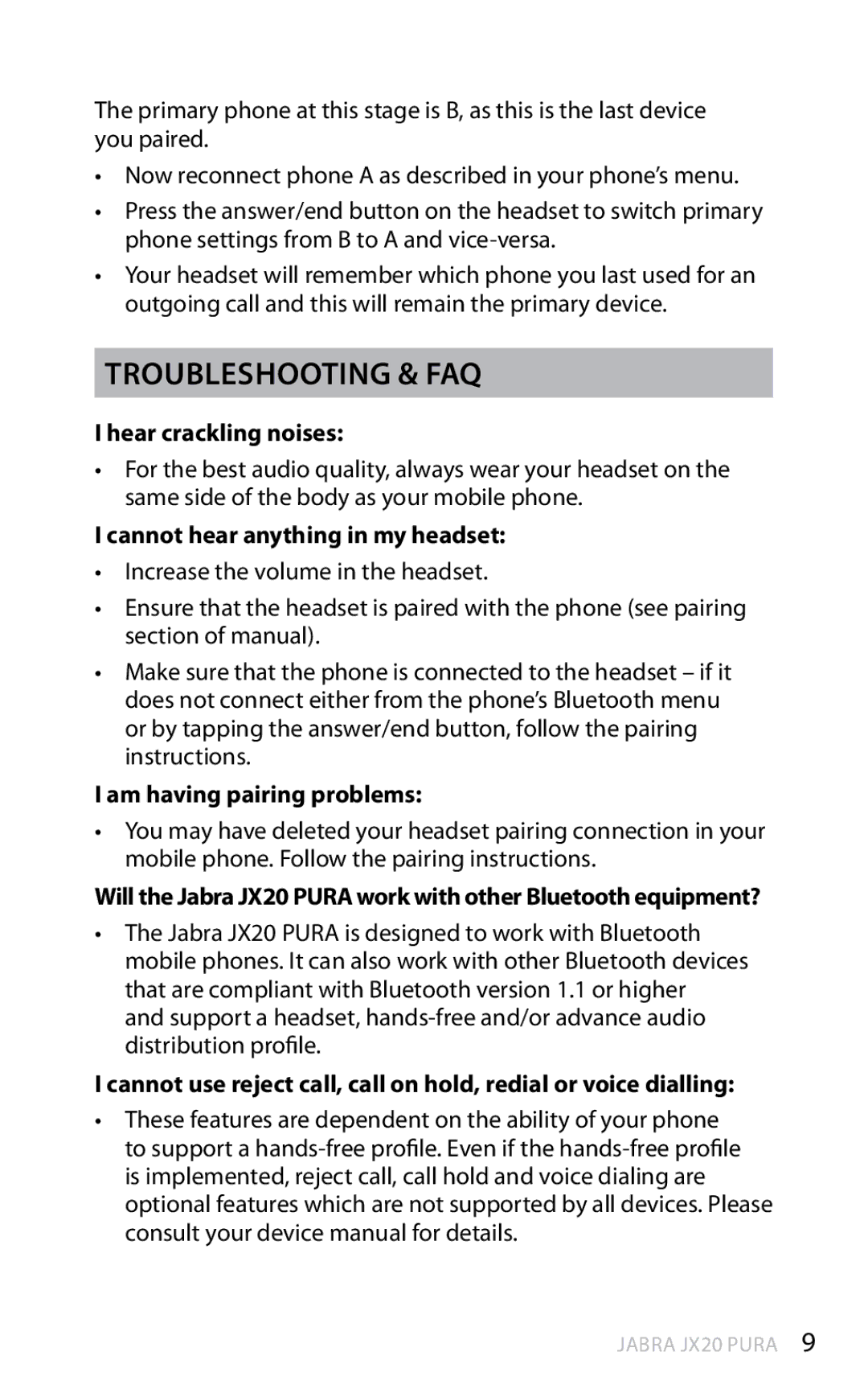 Jabra JX20 Pura manual Troubleshooting & FAQ, Hear crackling noises, Cannot hear anything in my headset 