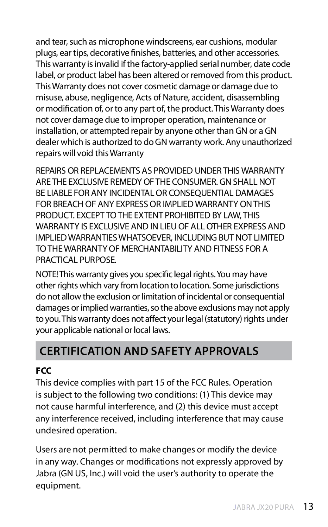 Jabra JX20 Pura manual Certification and safety approvals, Fcc 