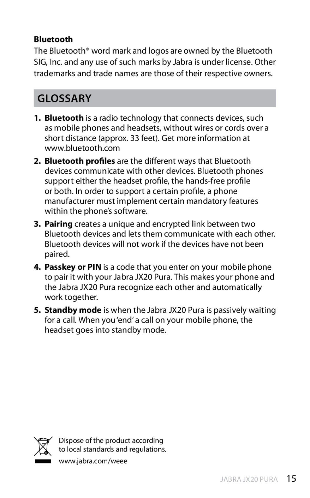 Jabra JX20 Pura manual Glossary, Bluetooth 