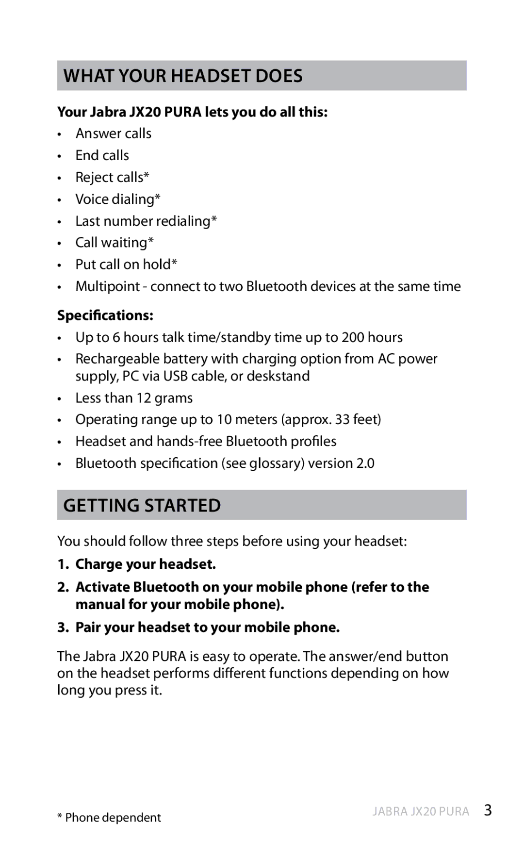 Jabra manual What your headset does, Your Jabra JX20 Pura lets you do all this, Specifications 