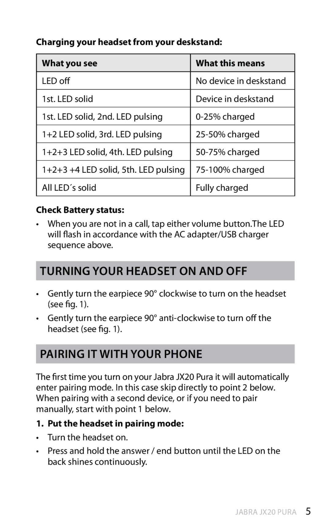 Jabra JX20 Pura manual Turning your headset on and off, Pairing it with your phone, Check Battery status 