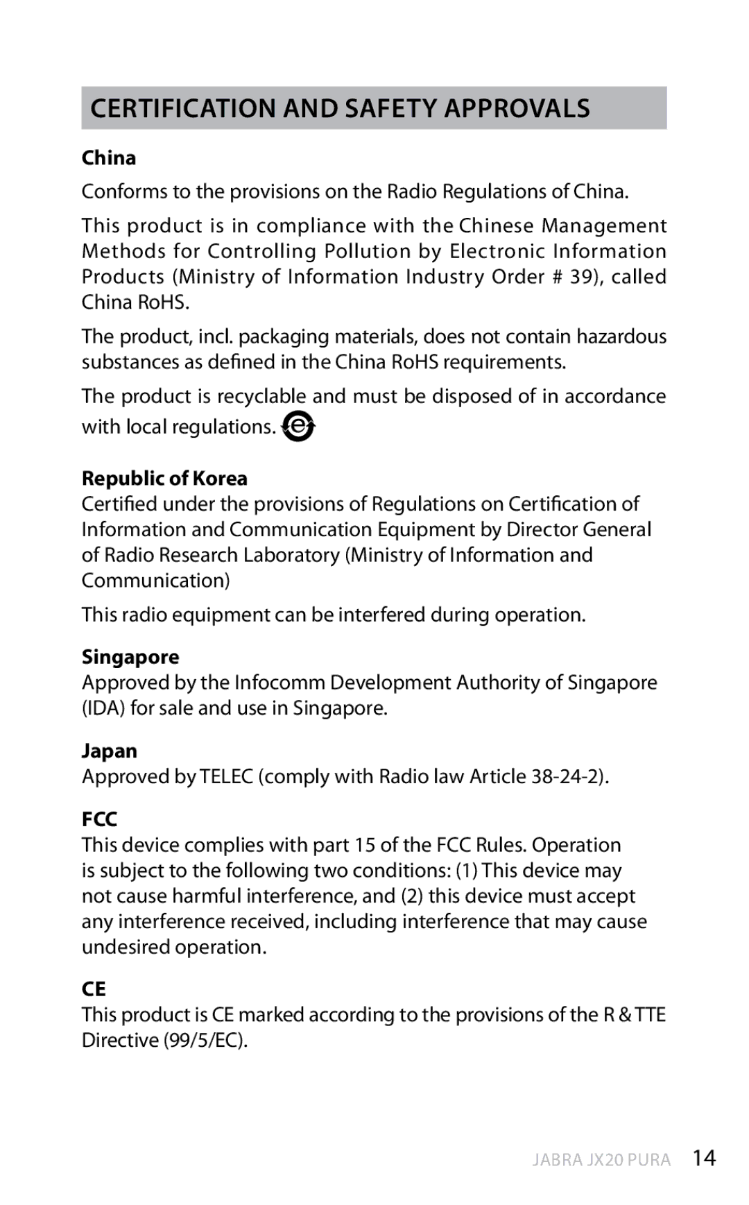 Jabra JX20 manual Certification and safety approvals, Republic of Korea, Singapore 