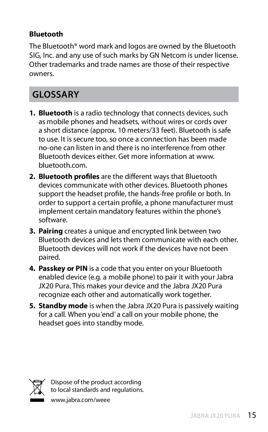 Jabra JX20 manual Glossary, Bluetooth 