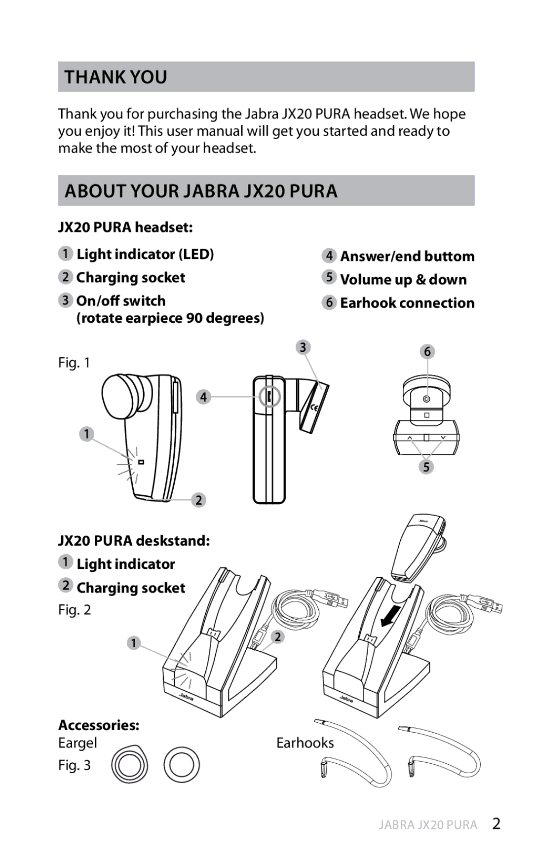 Jabra manual Thank you About your Jabra JX20 Pura, JX20 Pura headset Light indicator LED, Charging socket, On/off switch 