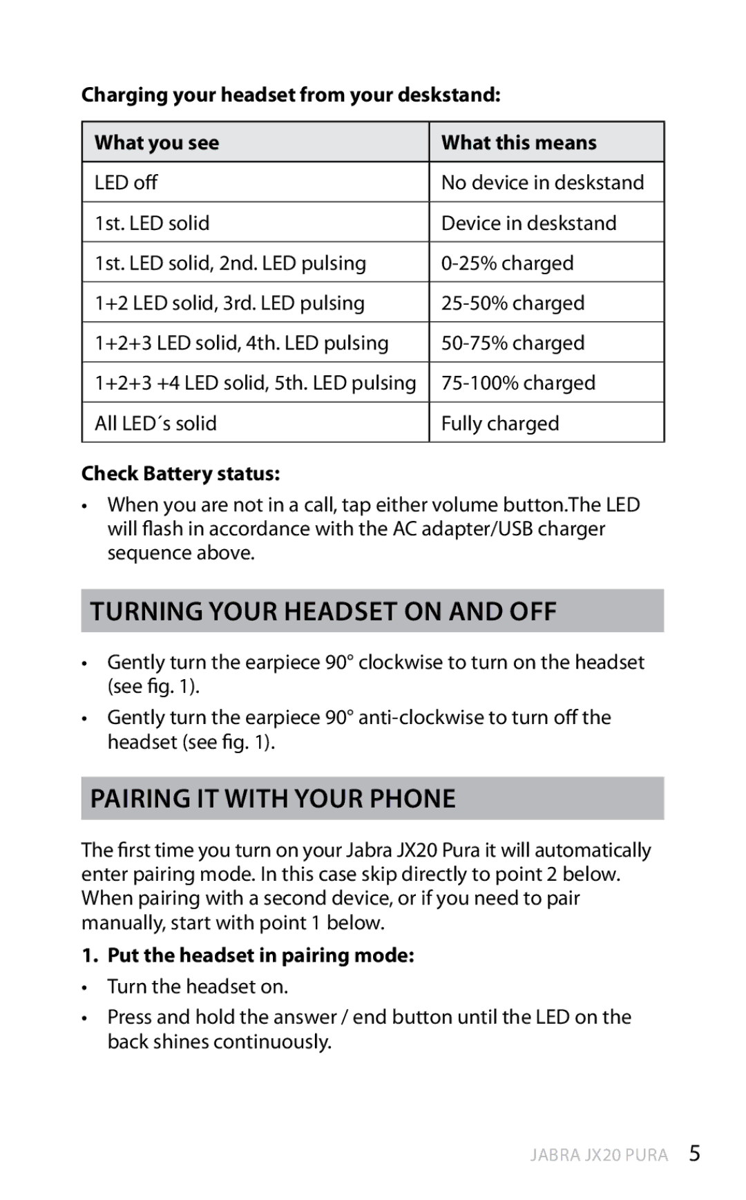 Jabra JX20 manual Turning your headset on and off, Pairing it with your phone, Check Battery status 