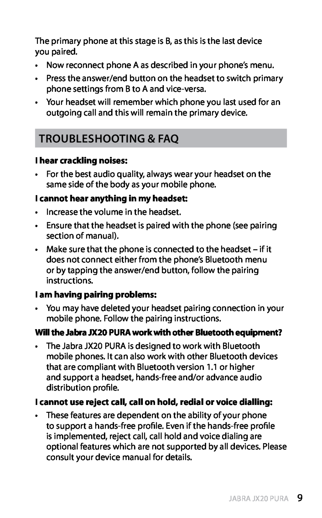 Jabra JX20 manual Troubleshooting & FAQ, I hear crackling noises, I cannot hear anything in my headset, english 
