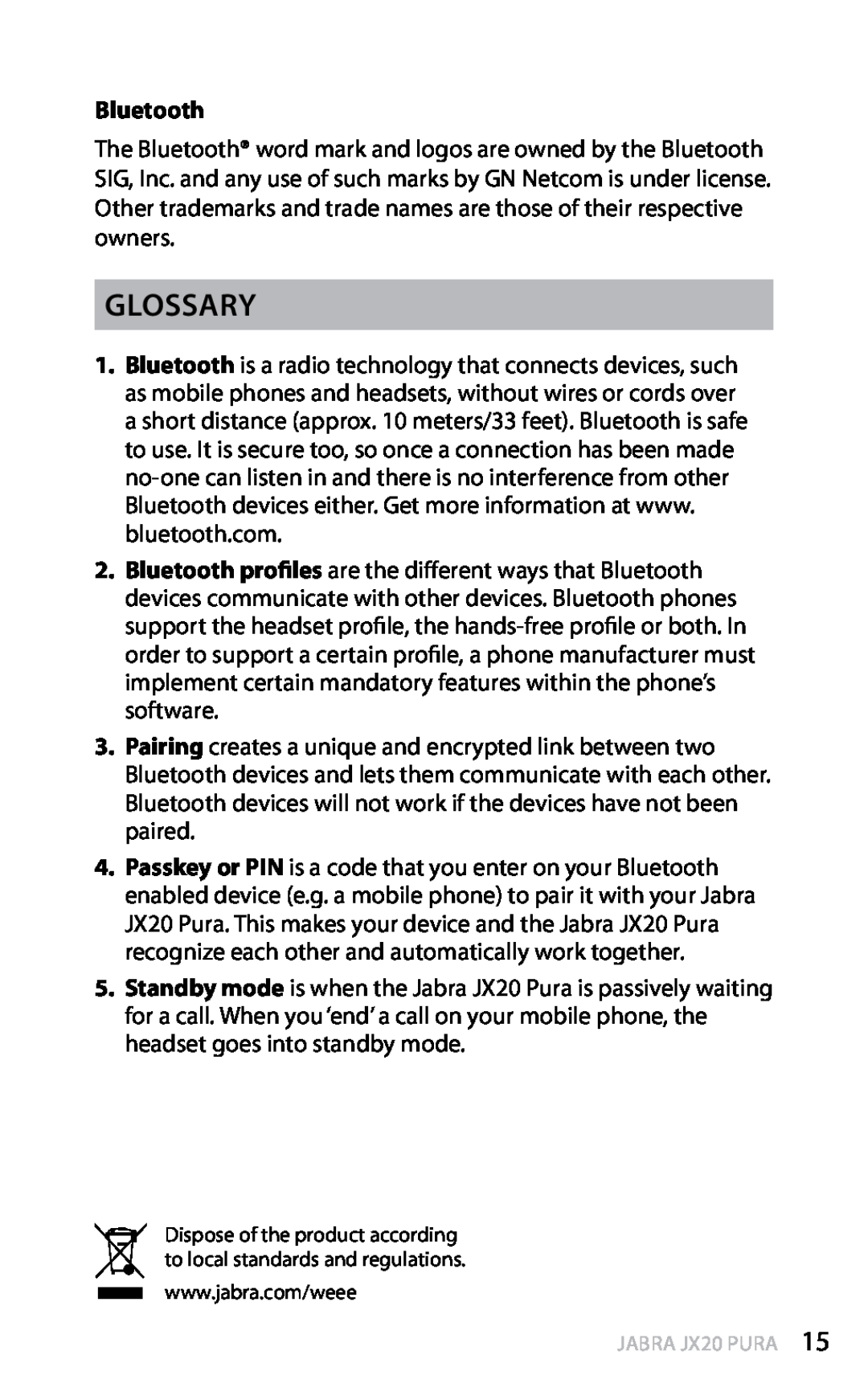 Jabra JX20 manual Glossary, Bluetooth, english 