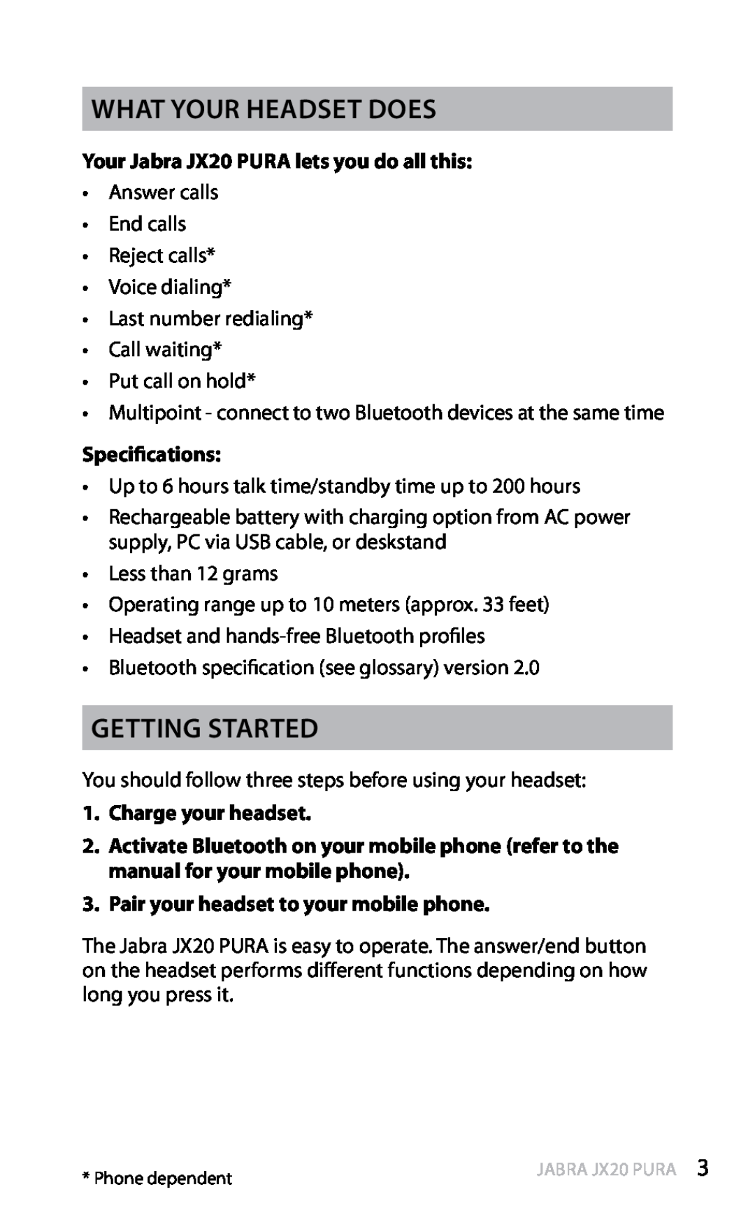 Jabra manual What your headset does, Getting Started, Your Jabra JX20 PURA lets you do all this, Specifications, english 