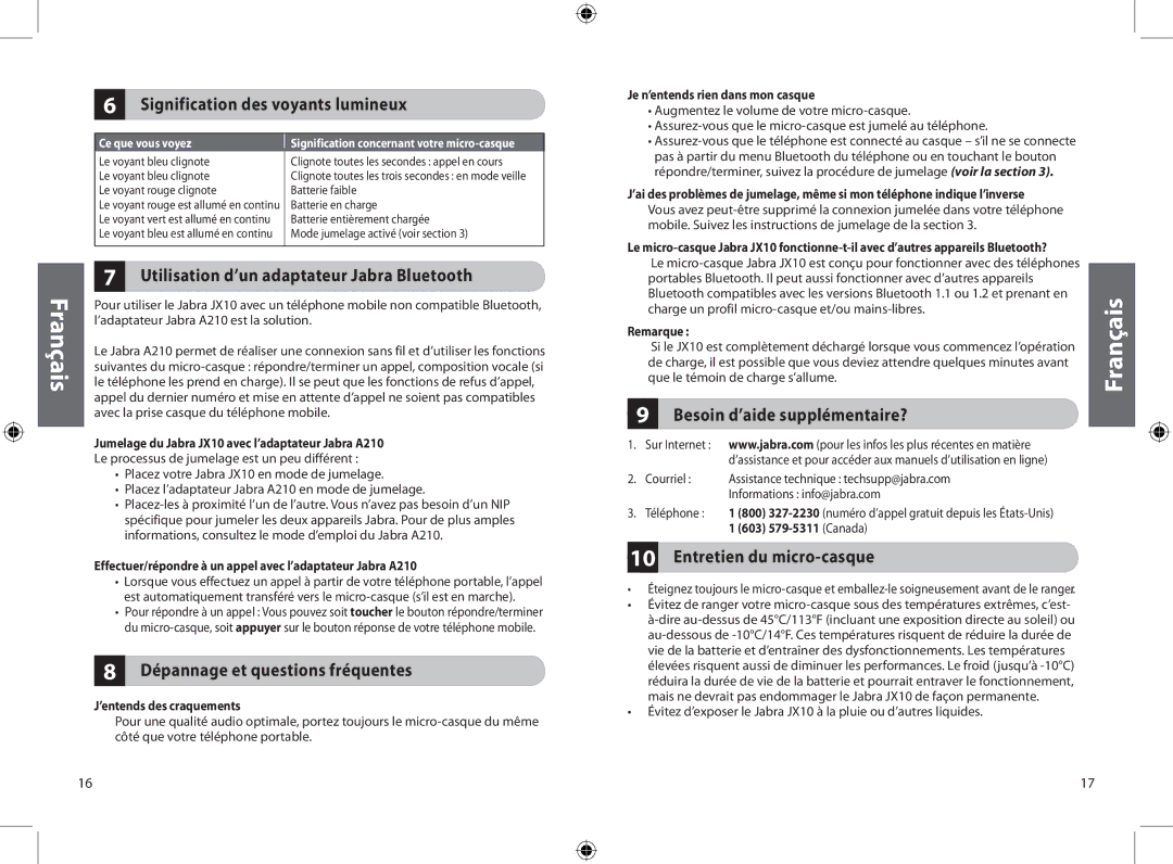 Jabra JXO Bluetooth Headset user manual Signification des voyants lumineux, Utilisation d’un adaptateur Jabra Bluetooth 