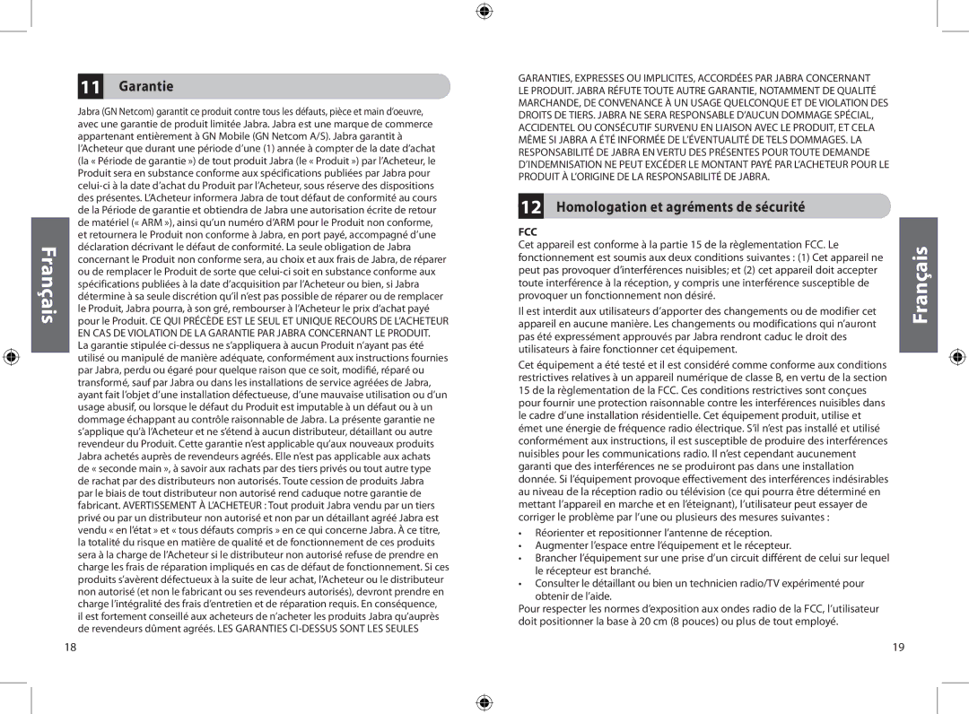 Jabra JXO Bluetooth Headset user manual Garantie, Homologation et agréments de sécurité 