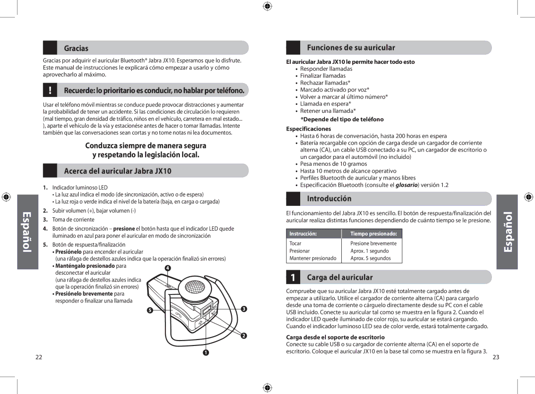 Jabra JXO Bluetooth Headset user manual Gracias, Funciones de su auricular, Introducción, Carga del auricular 