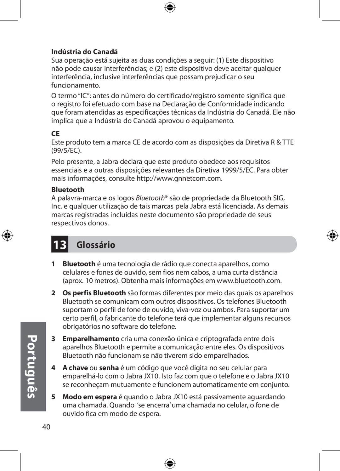 Jabra JXO Bluetooth Headset user manual Glossário, Indústria do Canadá 