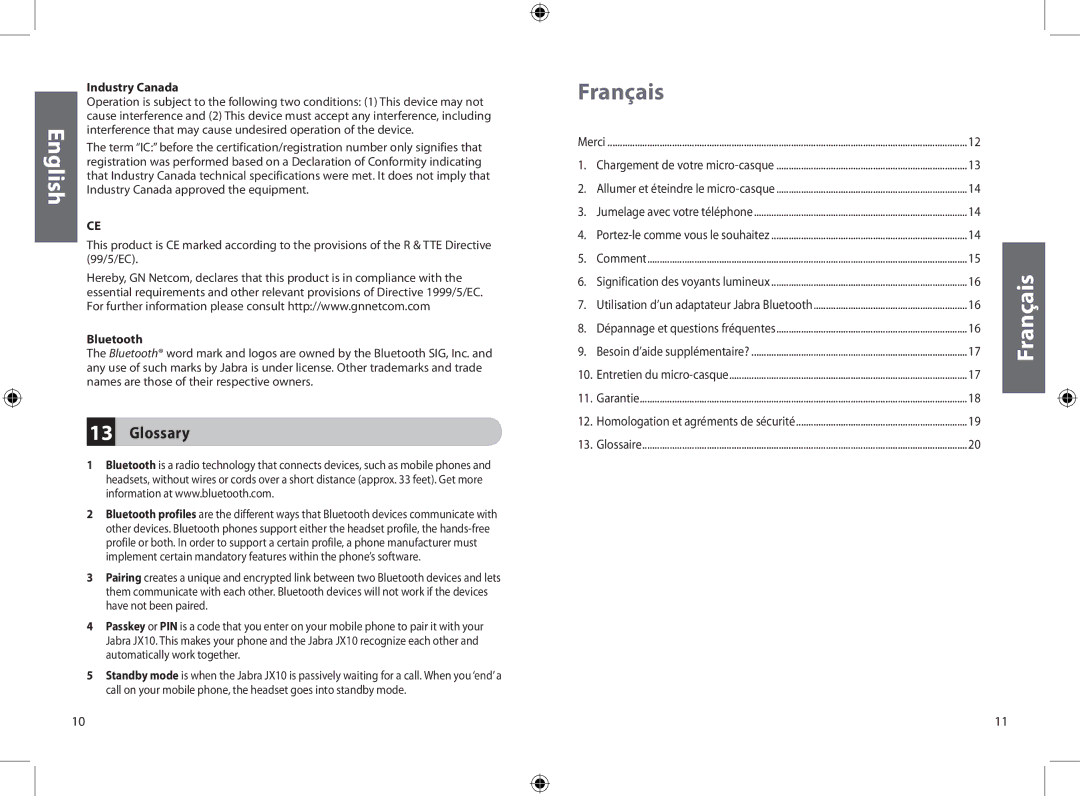 Jabra JXO Bluetooth Headset user manual Glossary, Industry Canada 