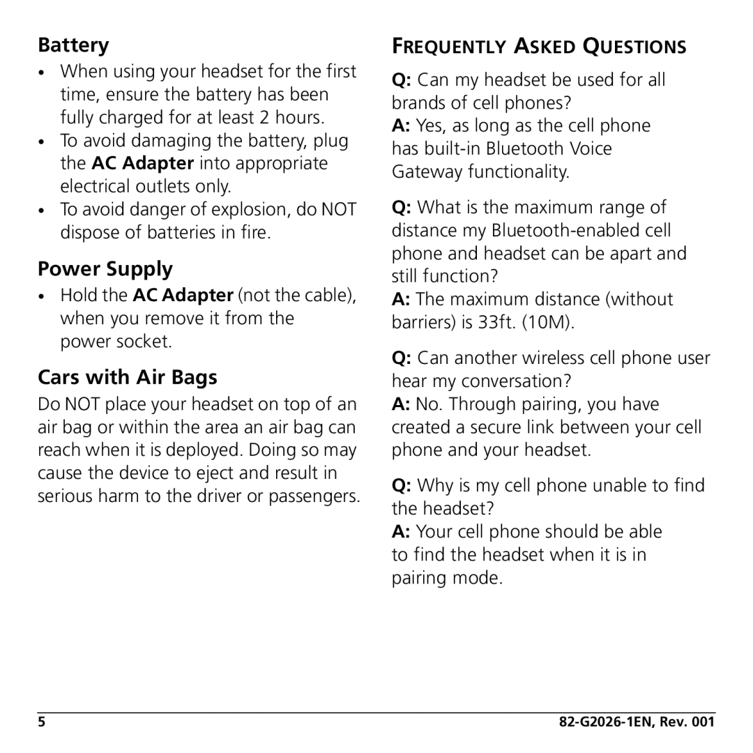 Jabra KYO300 manual Battery, Power Supply, Cars with Air Bags, Frequently Asked Questions 