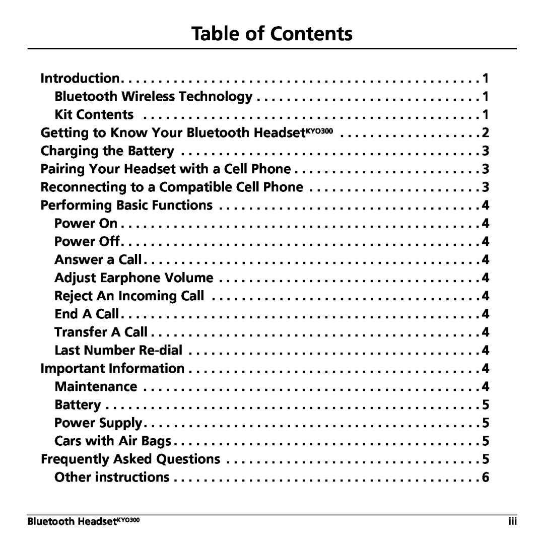 Jabra manual Table of Contents, Bluetooth HeadsetKYO300 