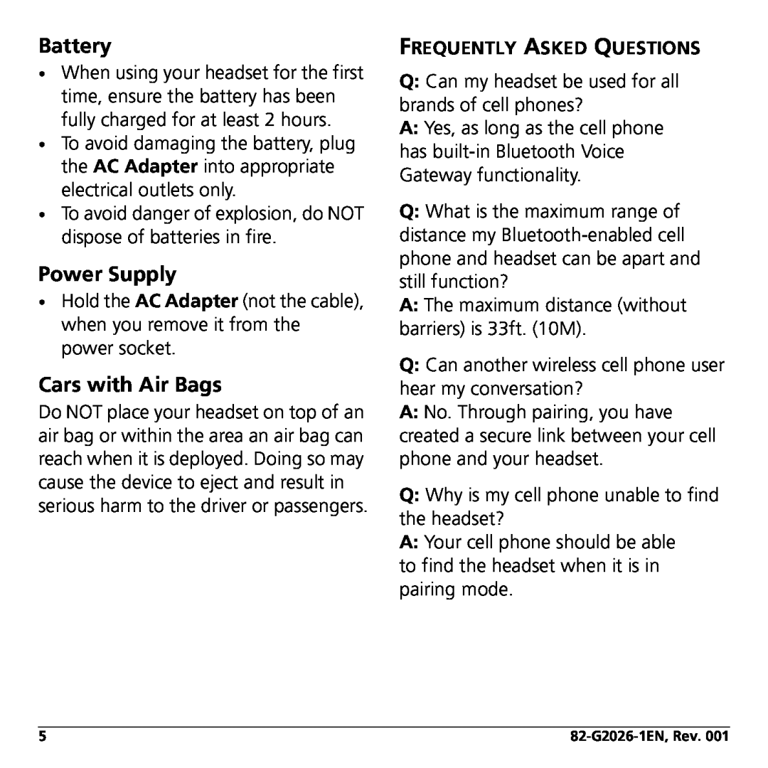 Jabra KYO300 manual Battery, Power Supply, Cars with Air Bags, Frequently Asked Questions 