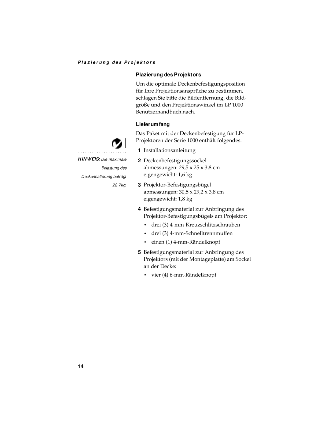 Jabra LP 1000 SERIES manual Plazierung des Projektors, Lieferumfang 