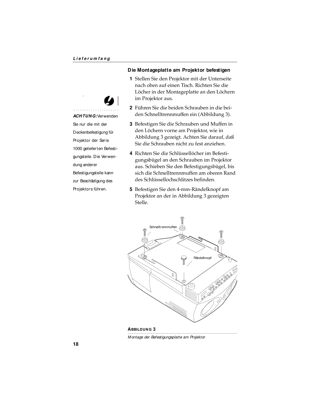 Jabra LP 1000 SERIES manual Die Montageplatte am Projektor befestigen 