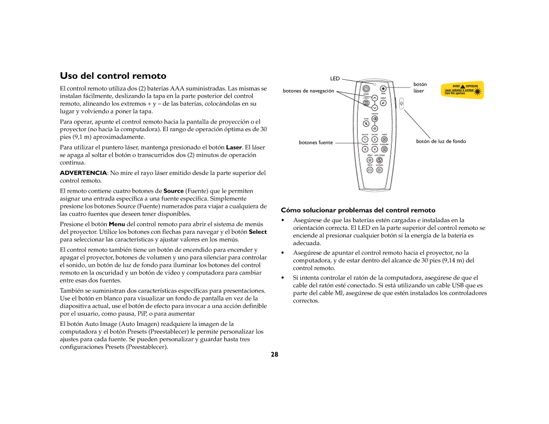 Jabra LP 850 manual Uso del control remoto, Cómo solucionar problemas del control remoto 