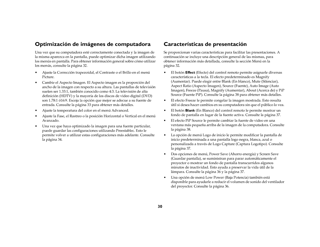 Jabra LP 850 manual Optimización de imágenes de computadora, Características de presentación 