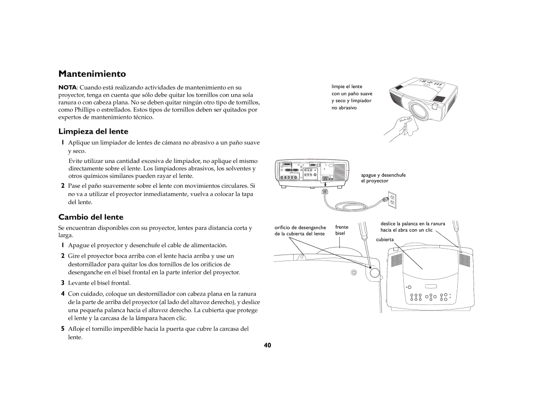 Jabra LP 850 manual Mantenimiento, Limpieza del lente, Cambio del lente 