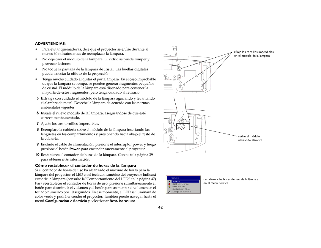 Jabra LP 850 manual Cómo restablecer el contador de horas de la lámpara, Advertencias 