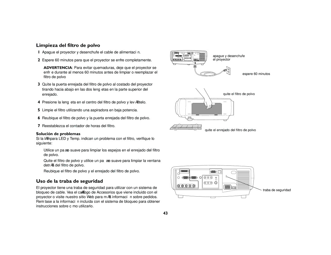 Jabra LP 850 manual Limpieza del filtro de polvo, Uso de la traba de seguridad, Solución de problemas 