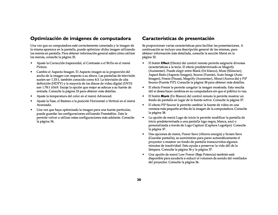 Jabra LP 850 manual Optimización de imágenes de computadora, Características de presentación 