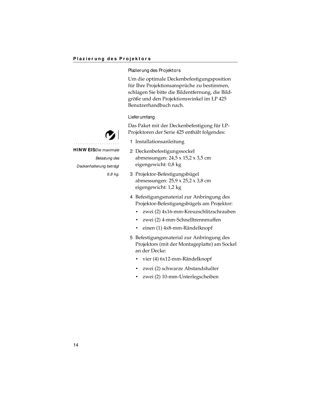 Jabra LP425 manual Plazierung des Projektors, Lieferumfang 