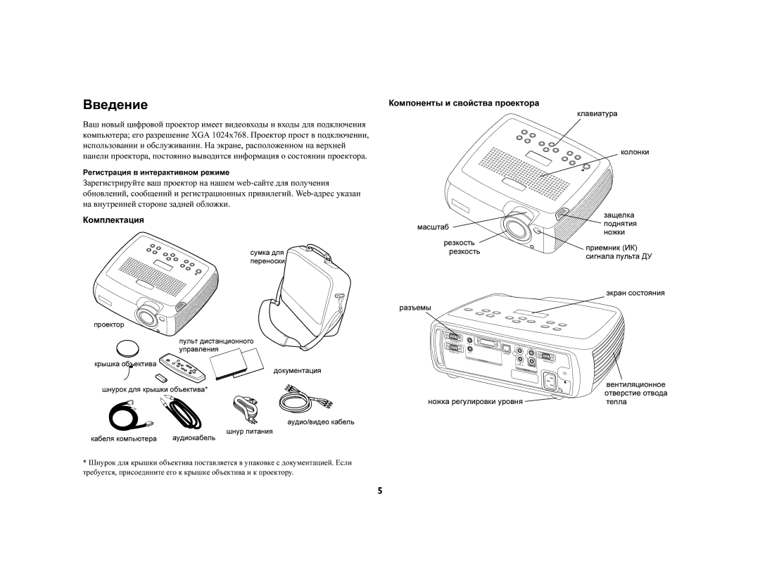 Jabra LP540 manual Введение, Компоненты и свойства проектора, Регистрация в интерактивном режиме, Масштаб Резкость Разъемы 