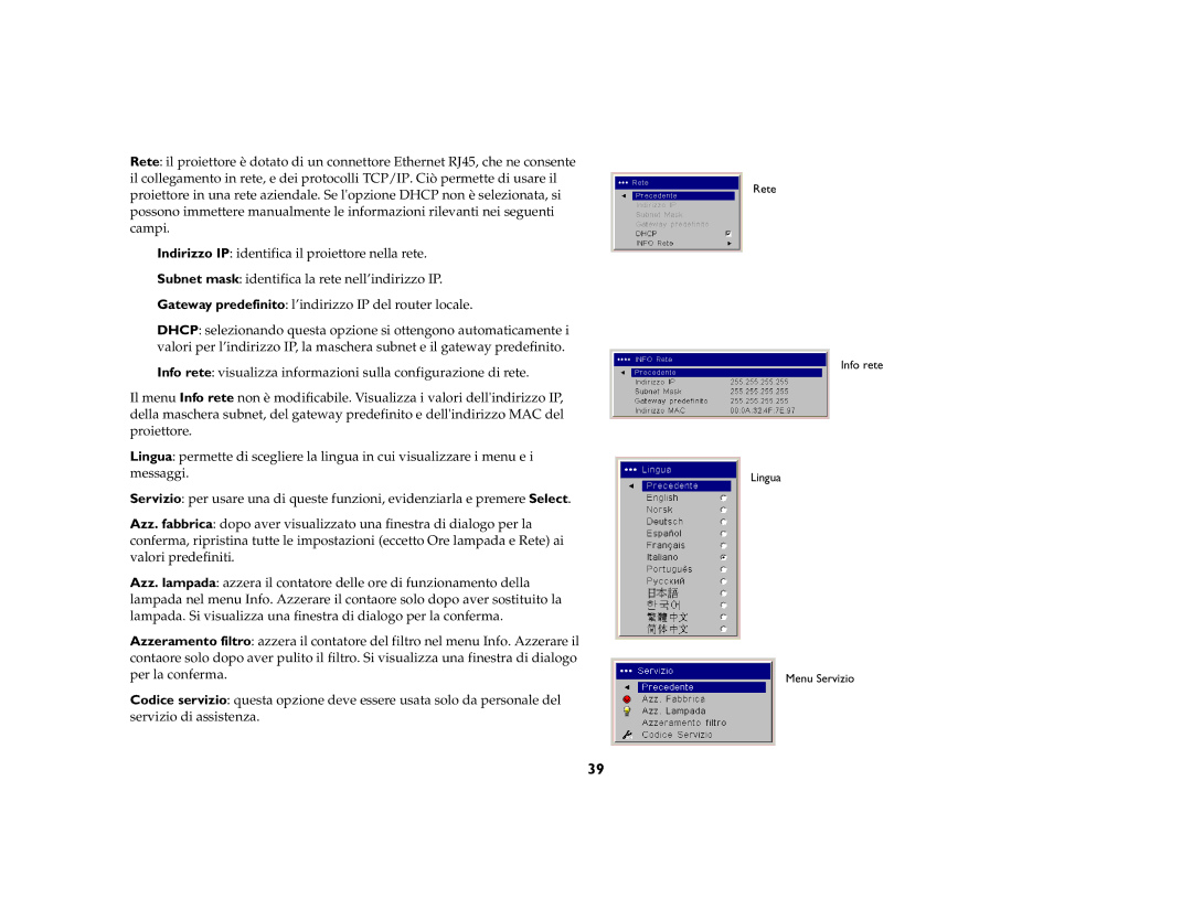 Jabra LP840 manual Rete Info rete Lingua Menu Servizio 