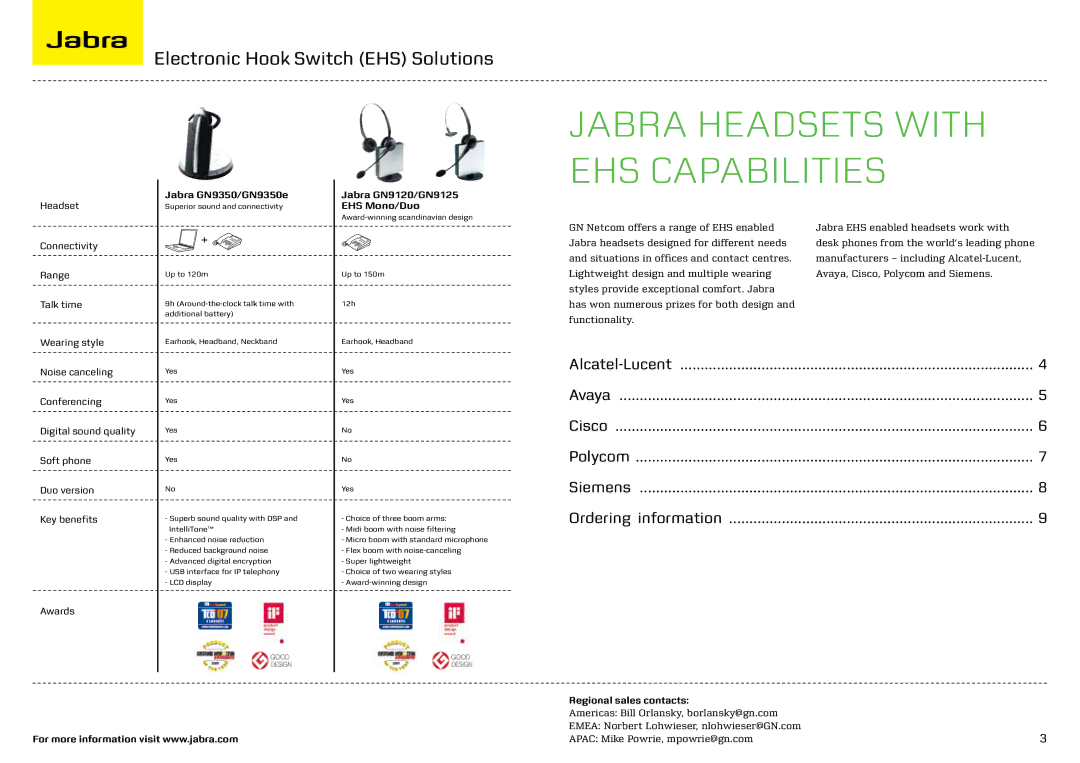 Jabra M5390 manual Jabra headsets with EHS capabilities, Jabra GN9350/GN9350e, Jabra GN9120/GN9125 EHS Mono/Duo 