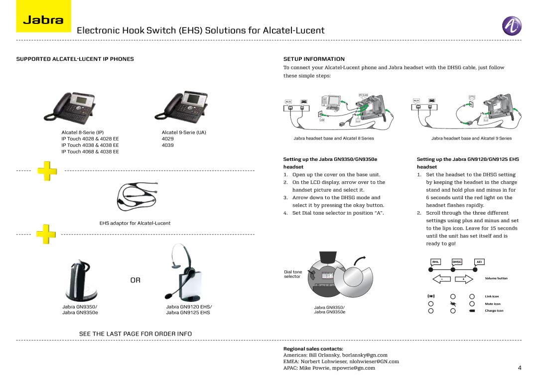 Jabra M5390 Electronic Hook Switch EHS Solutions for Alcatel-Lucent, Supported Alcatel-Lucent IP phones Setup information 