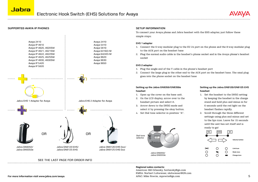 Jabra M5390 Electronic Hook Switch EHS Solutions for Avaya, Supported Avaya IP phones Setup information, EHS 1 adapter 