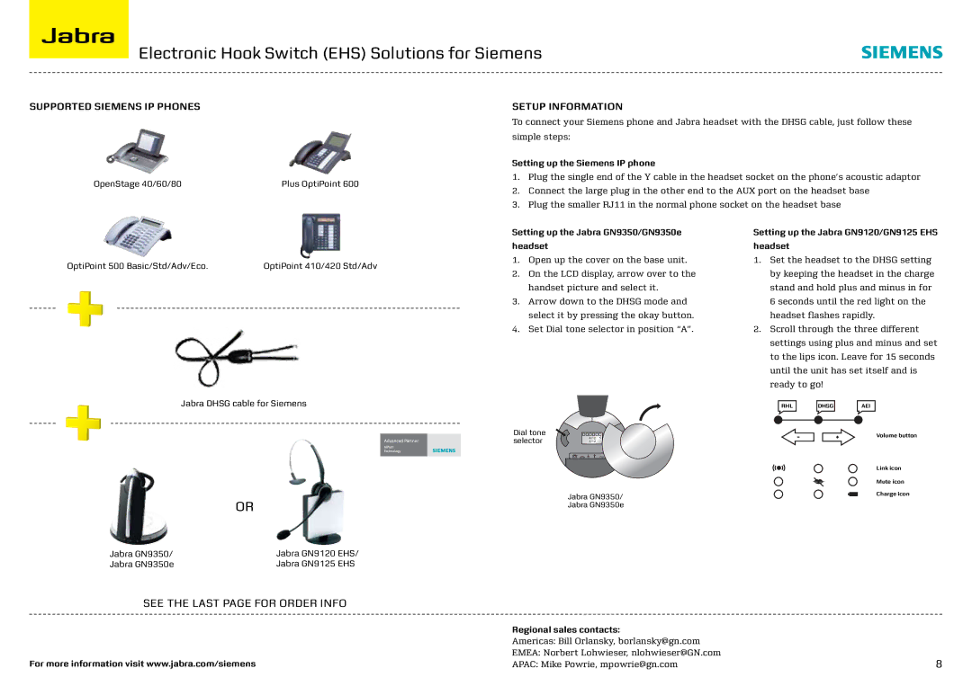 Jabra M5390 Electronic Hook Switch EHS Solutions for Siemens, Supported Siemens IP phones, Setting up the Siemens IP phone 