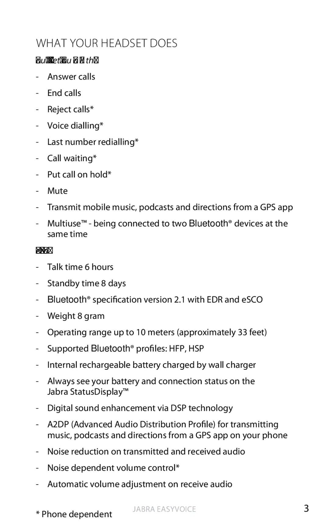 Jabra OTE4 user manual What Your Headset does, Your Jabra Easyvoice lets you do all this, Specifications 