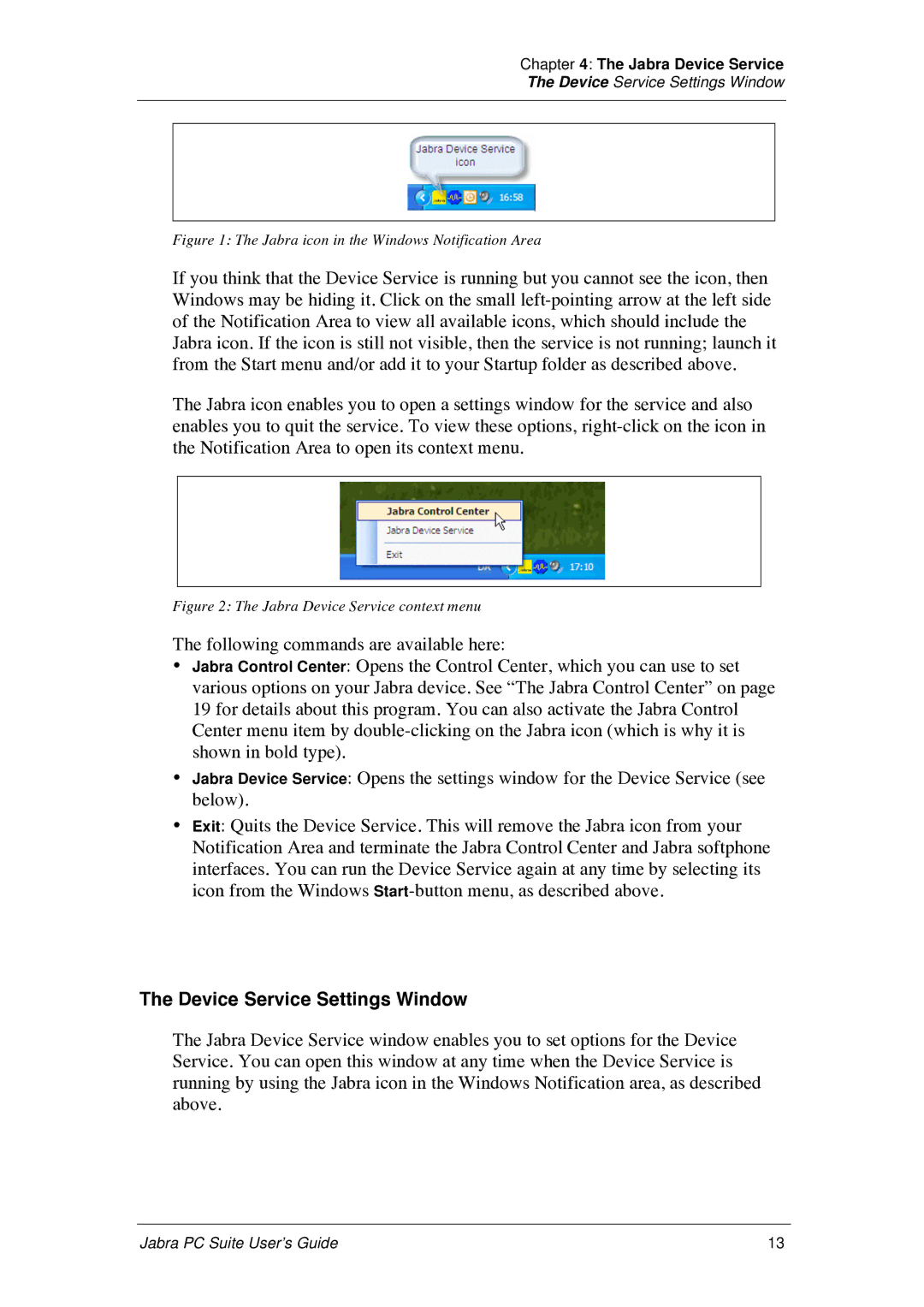 Jabra PC Suite manual Device Service Settings Window, Jabra icon in the Windows Notification Area 