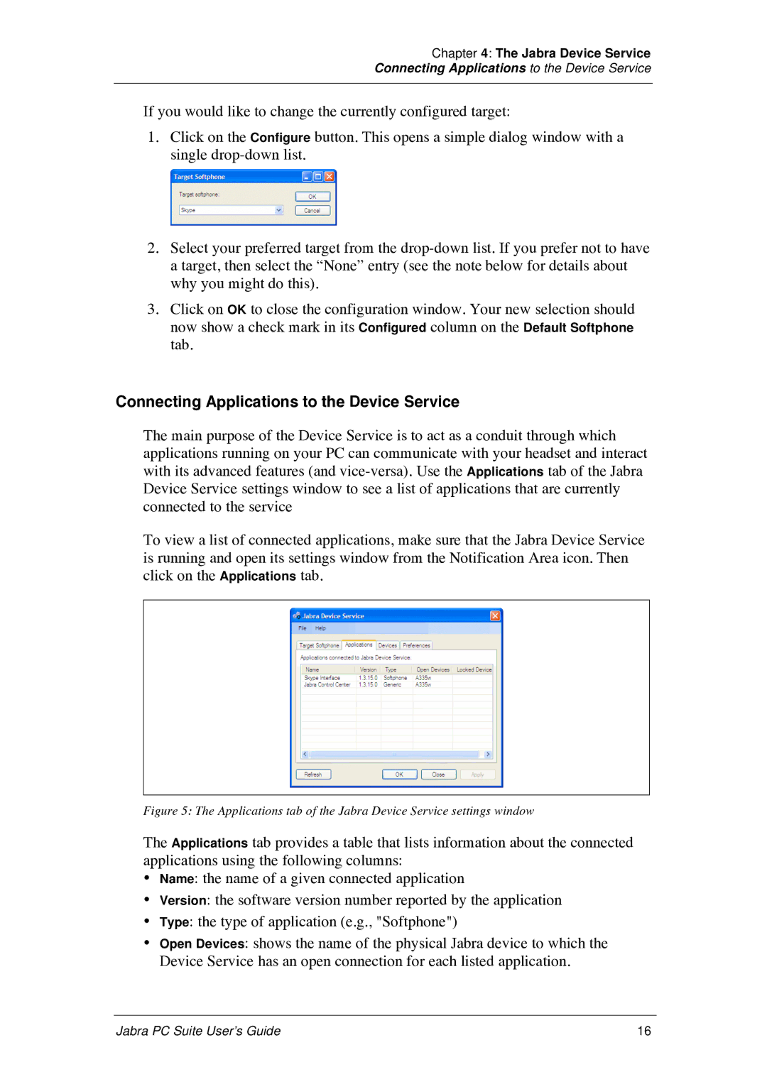 Jabra PC Suite Connecting Applications to the Device Service, Applications tab of the Jabra Device Service settings window 